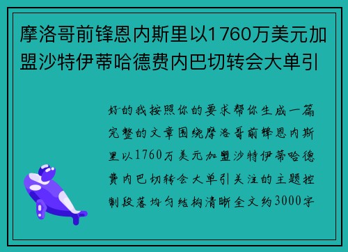 摩洛哥前锋恩内斯里以1760万美元加盟沙特伊蒂哈德费内巴切转会大单引关注